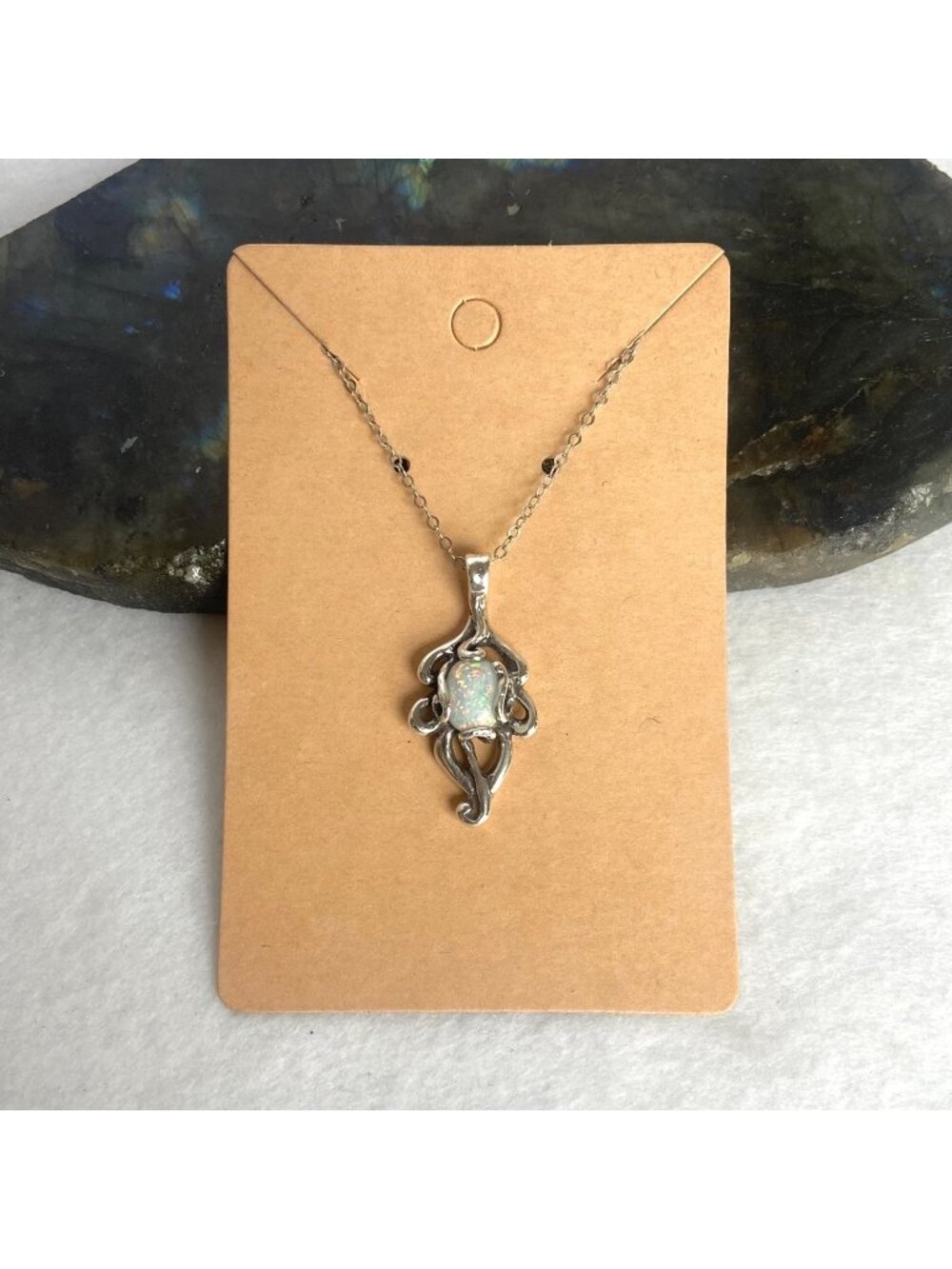 Sterling Silver 925 Artisan Modernist Style Oval Opal Pendant Necklace 18" Chain